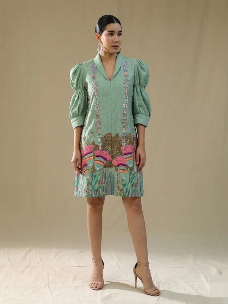 Hand-Embroidered Garden Scene Tunic Dress