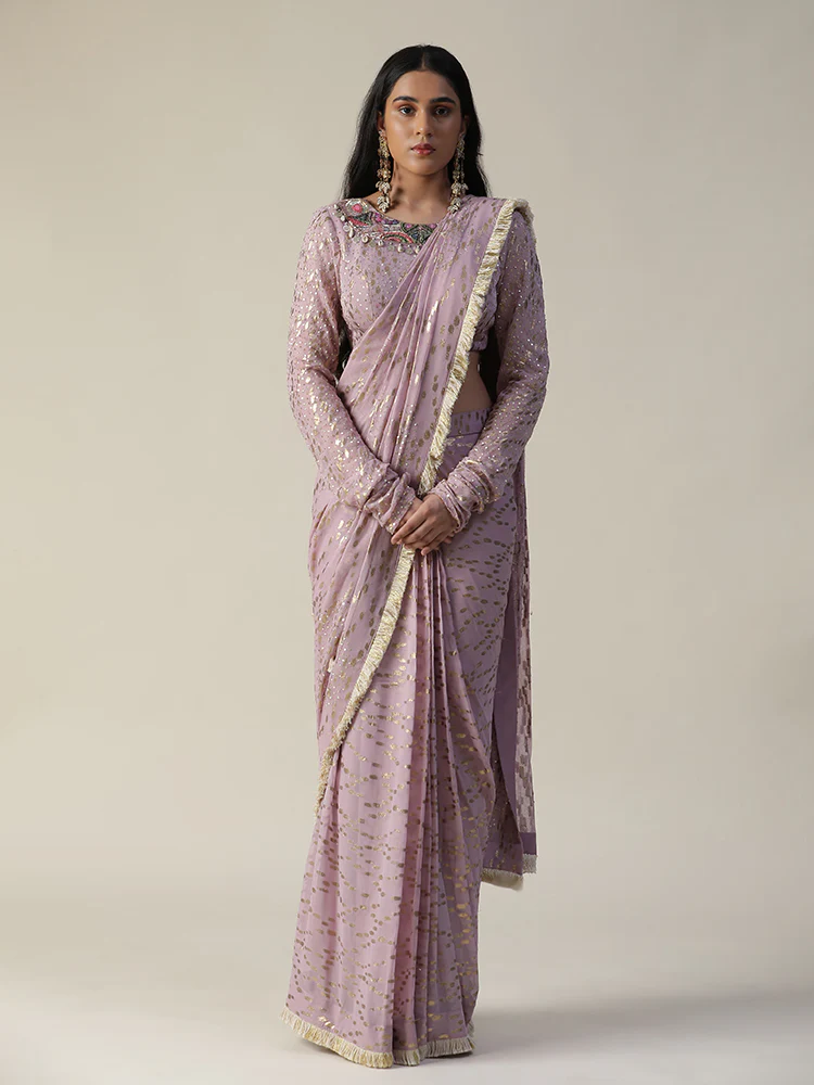 Lilac pre-draped georgette saree set - Image 4