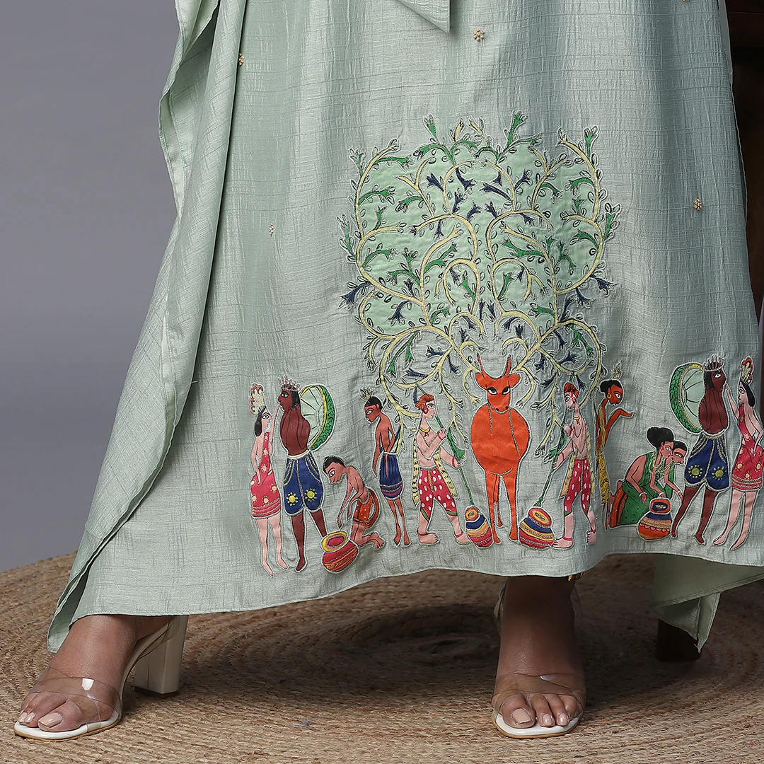 Sea Green Silk Handpainted Kaftan - Image 3