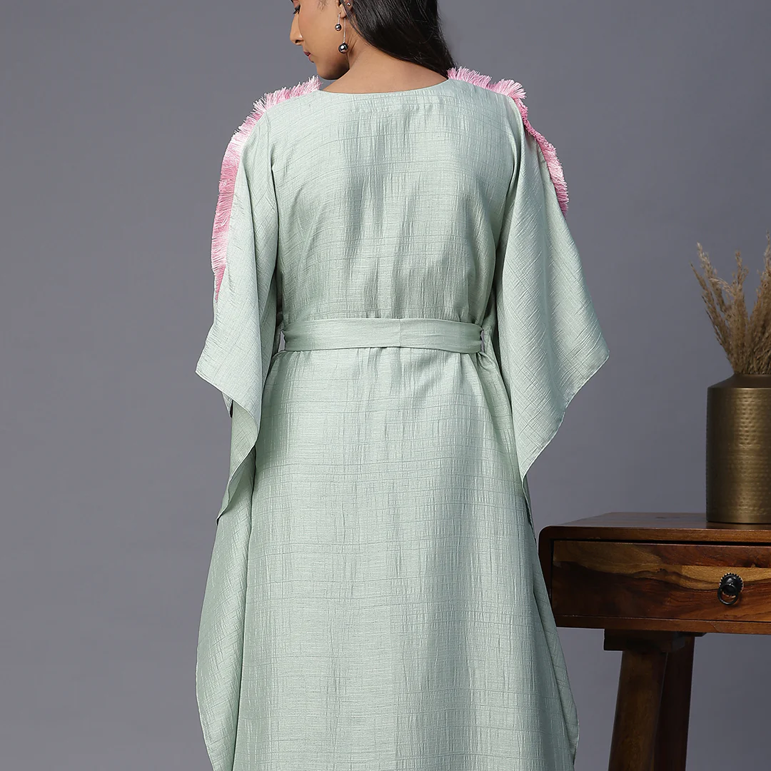 Sea Green Silk Handpainted Kaftan - Image 4